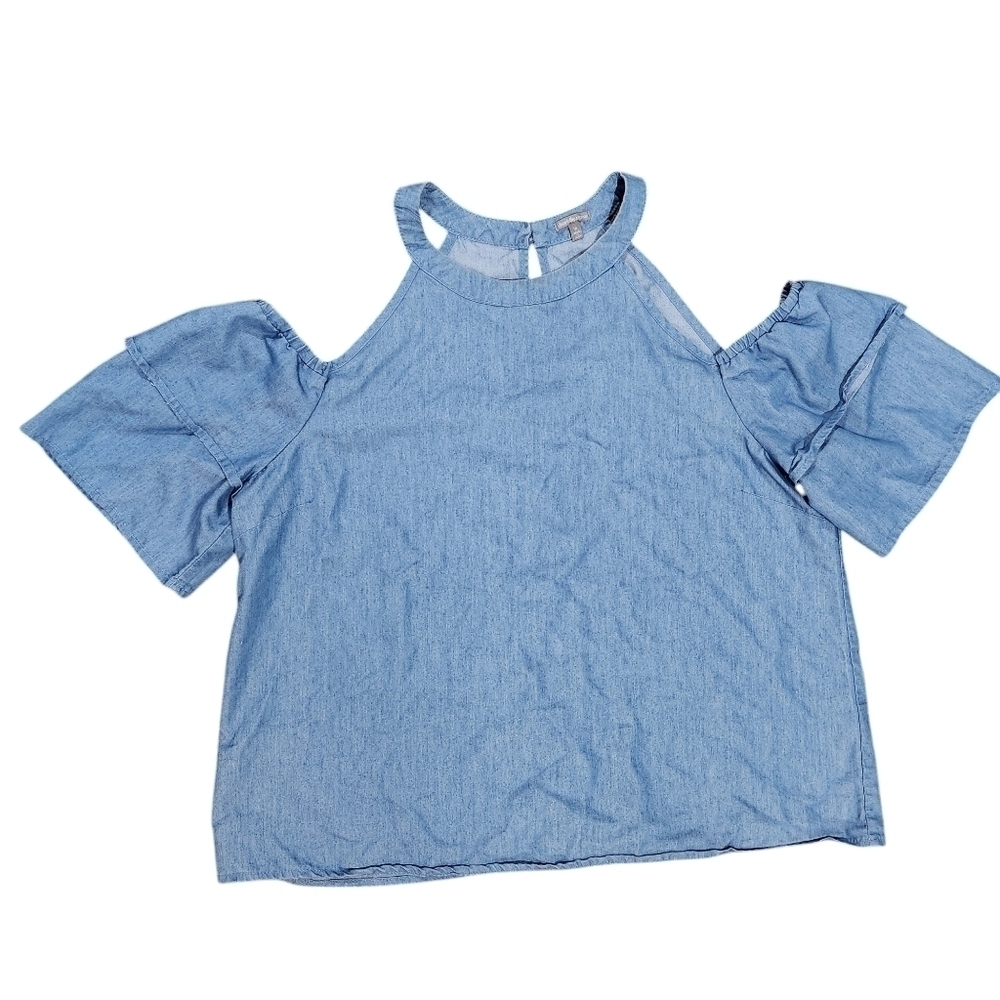 Charlotte Russe Womens Light Blue Jean 2 Tier Ruffled Cold Shoulder Blouse Sz M